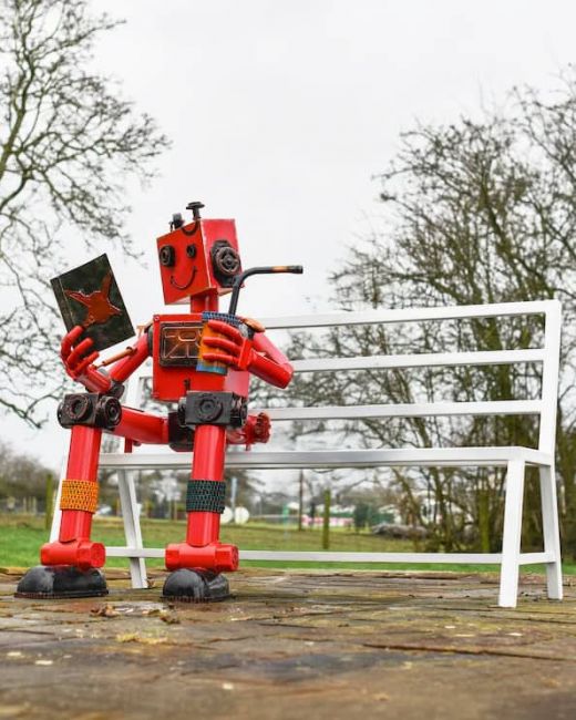 Recycled Metal Red Robot Selfie Bench Recycled Metal Red Robot Selfie Bench