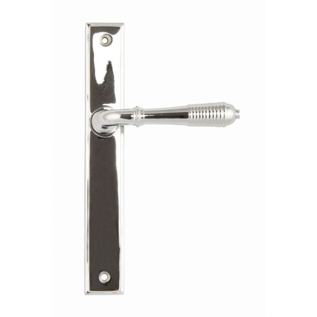 Reeded Slimline Lever Espagnolette Door Latch in Polished Chrome on a White Background Reeded Slimline Lever Espagnolette Door Latch in Polished Chrome on a White Background