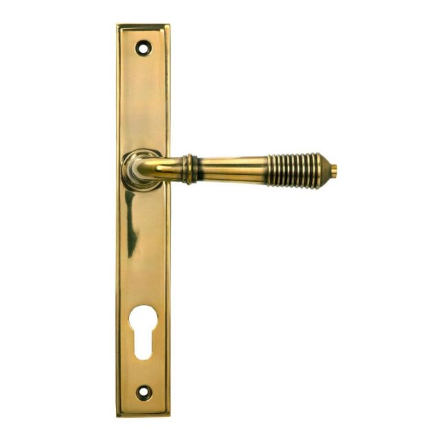 Ribbed Slimline Exterior Door Handle in an Aged Brass Finish Ribbed Slimline Exterior Door Handle in an Aged Brass Finish