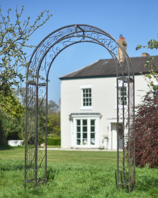 Ornate Scroll "Tenbury" Natural Lacquer Rose Arch in Situ in the Garden