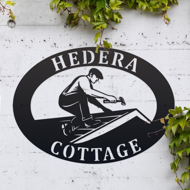 Roofer Iron Oval House Sign in Situ
