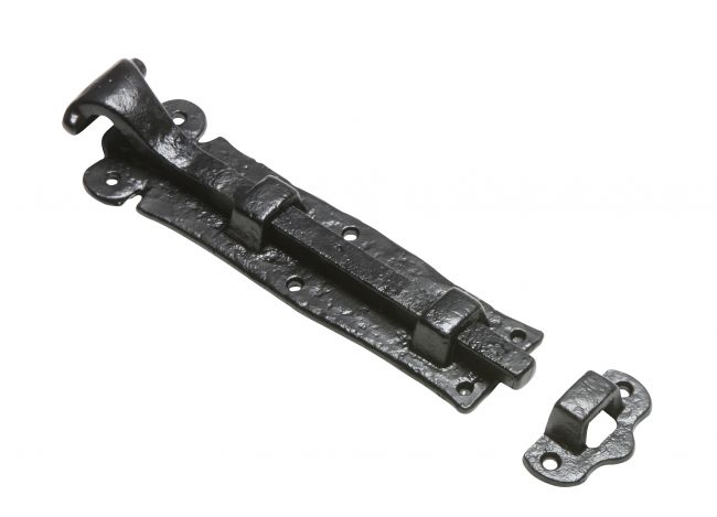 8" Rustic Antique Black Iron Straight Door or Gate Bolt With Scrolled Handle 8" Rustic Antique Black Iron Straight Door or Gate Bolt With Scrolled Handle