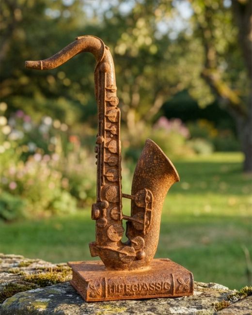 Rustic Cast Iron "Poetic Saxophone" Freestanding Garden Sculpture Digital Illustration