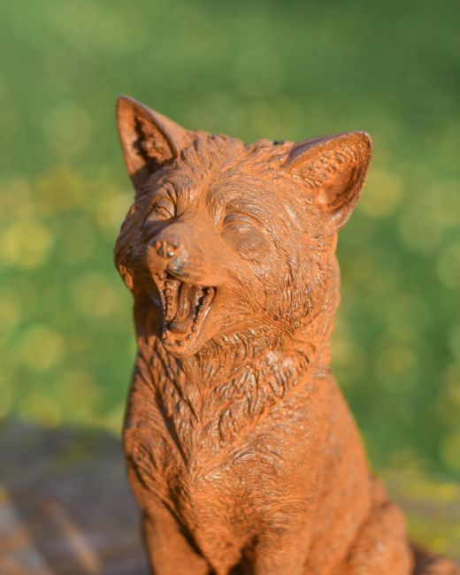 Rustic Cast Iron "Howling" Sitting Fox Garden Sculpture