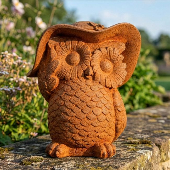 Rustic Cast Iron Owl in Hat Sculpture Digital Illustration