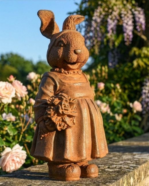 Rustic Cast Iron Rabbit Holding Flowers Sculpture Digital Illustration Rustic Cast Iron Rabbit Holding Flowers Sculpture Digital Illustration