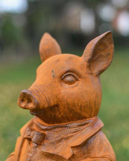Rustic Cast Iron "Sophisticated Gentleman" Pig Garden Sculpture