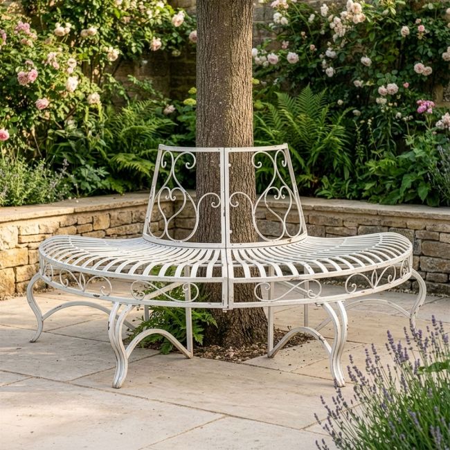 Scrolled Rustic Cream Tree Seat Outside Scrolled Rustic Cream Tree Seat Outside