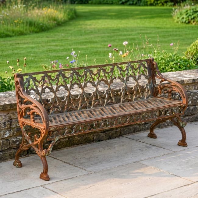 Rustic "Quatrefoil" Cast Iron Three Seater Bench Digital Illustration