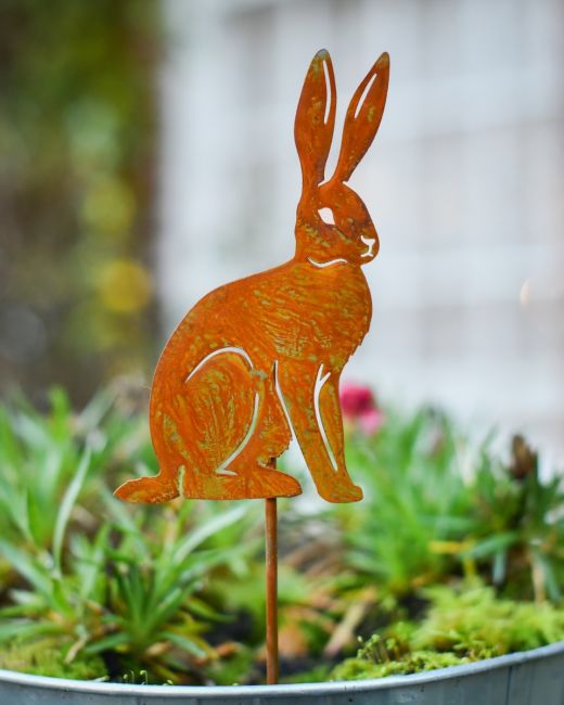 Rusting Sitting Hare Artistic Plant Pot Spike - Set of Two