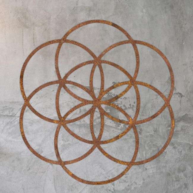 Rustic "Seed of Life" Steel Wall Art on a Rustic Wall Rustic "Seed of Life" Steel Wall Art on a Rustic Wall