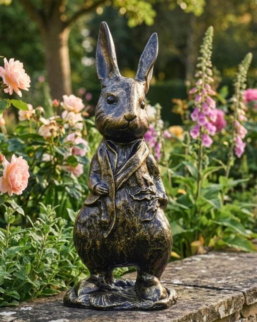Digital illustration of a Mr Rabbit Brushed Gold Sculpture in a cottage garden