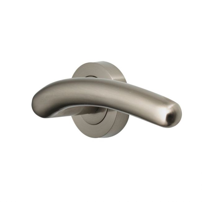 The Satin Nickel Round Rose Door Handles - Modern Arched Lever Pair on a White Background