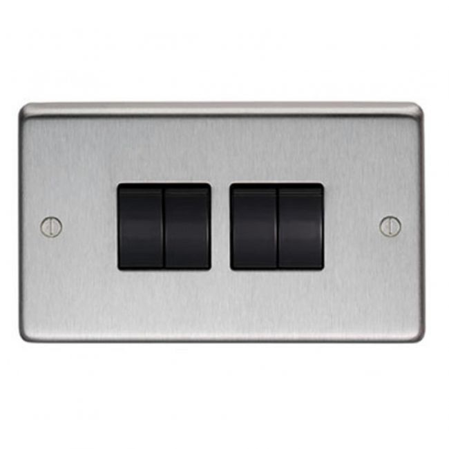 10 Amp Quad Switch Light Switch Finished in a Satin Stainless Steel 10 Amp Quad Switch Light Switch Finished in a Satin Stainless Steel