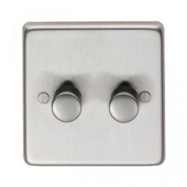 Double Dimmer Light Switch Finished in a Satin Stainless Steel Double Dimmer Light Switch Finished in a Satin Stainless Steel