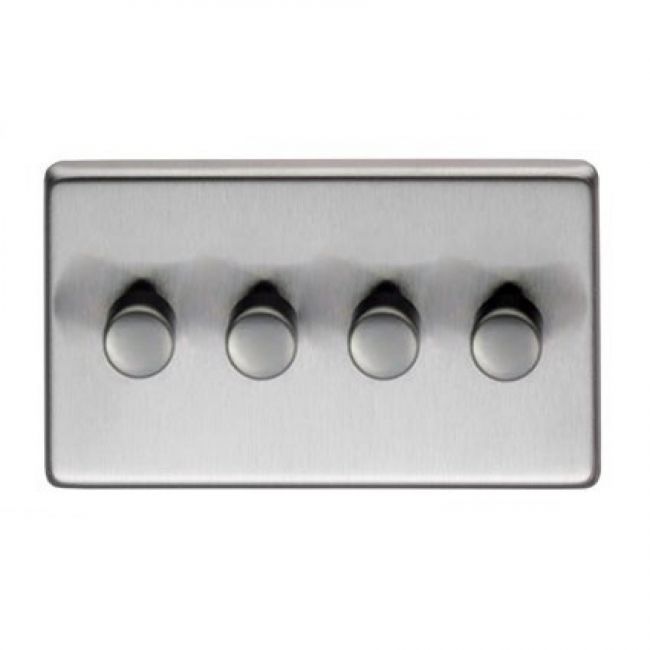 Quad Dimmer Light Switch Finished in a Satin Stainless Steel Quad Dimmer Light Switch Finished in a Satin Stainless Steel