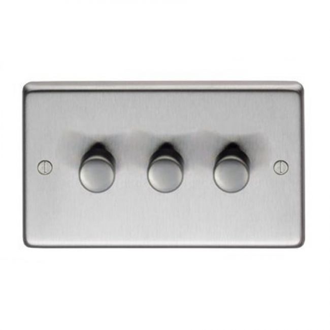 Triple Dimmer Light Switch Finished in a Satin Stainless Steel Triple Dimmer Light Switch Finished in a Satin Stainless Steel