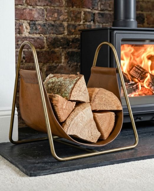 Bronze Steel & Brown Leather Log Holder in Living Room Bronze Steel & Brown Leather Log Holder in Living Room