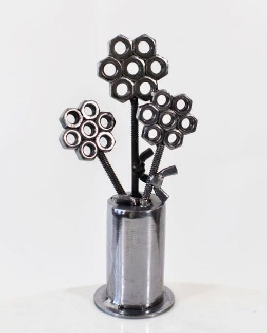 Scrap Metal Flower Pot Sculpture - Thumbnail