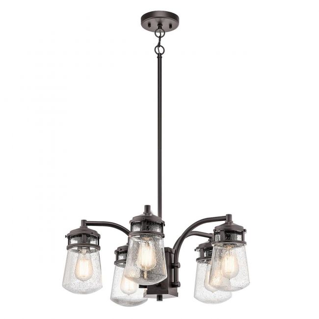 Seeded Glass Industrial 5 Lamp Hanging Light Finished in an Antique Bronze Seeded Glass Industrial 5 Lamp Hanging Light Finished in an Antique Bronze