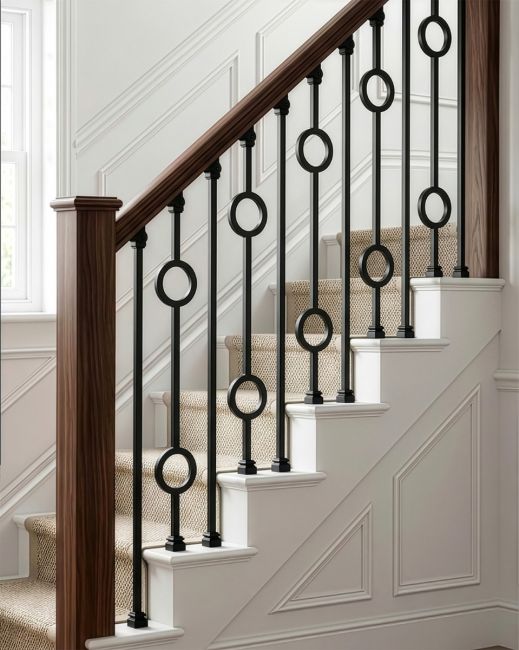 Set of 2 Matte Black "Due Cerchi" and "Enfield" Steel Stair Spindles digital illustration Set of 2 Matte Black "Due Cerchi" and "Enfield" Steel Stair Spindles digital illustration