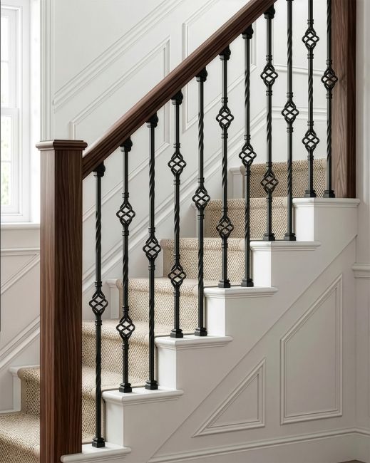 Set of 2 Matte Black "Enfield" Steel Stair Spindles - Pattern 6 digital illustration Set of 2 Matte Black "Enfield" Steel Stair Spindles - Pattern 6 digital illustration