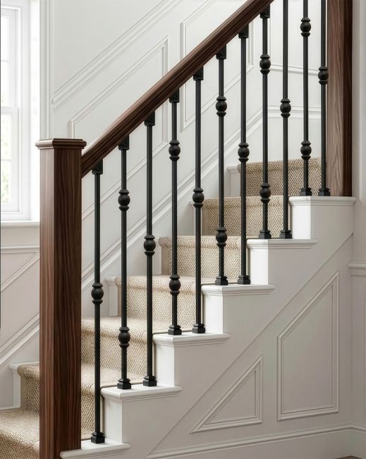 Set of 2 Matte Black "Garthleigh" and "Westford" Steel Stair Spindles digital illustration Set of 2 Matte Black "Garthleigh" and "Westford" Steel Stair Spindles digital illustration