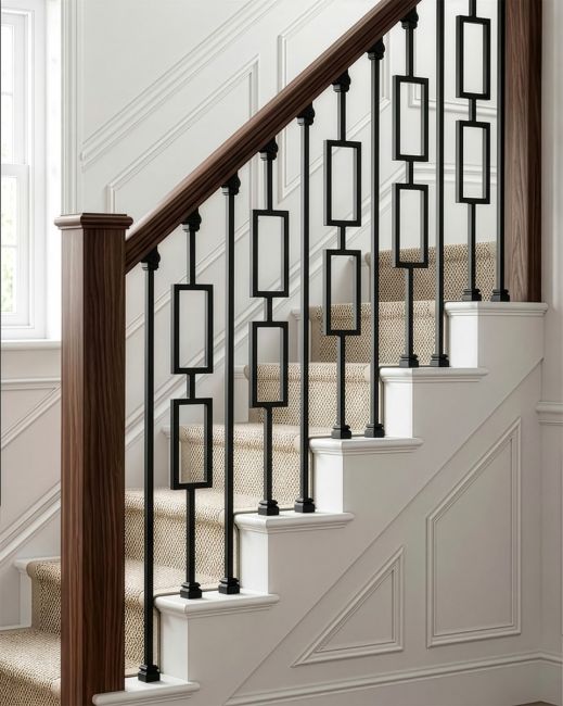 Set of 2 Matte Black "Opulenza" and "Enfield" Steel Stair Spindles digital illustration copy Set of 2 Matte Black "Opulenza" and "Enfield" Steel Stair Spindles digital illustration copy
