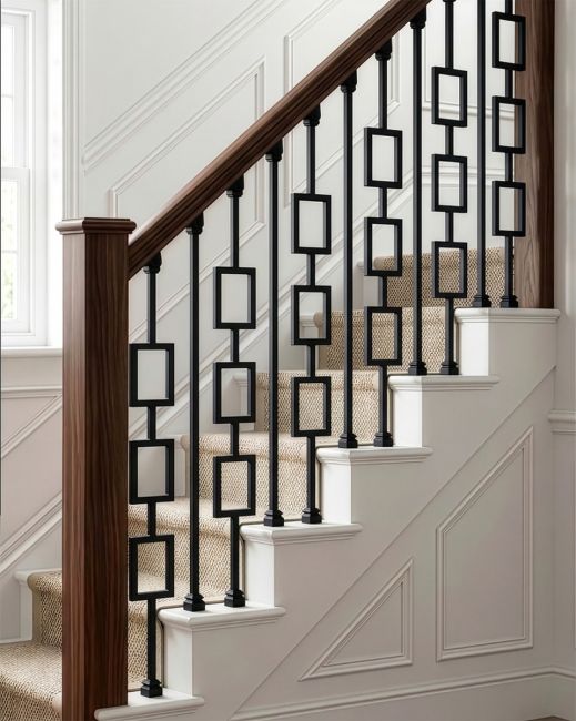 Set of 2 Matte Black "Regarna" and "Enfield" Steel Stair Spindles digital illustration Set of 2 Matte Black "Regarna" and "Enfield" Steel Stair Spindles digital illustration