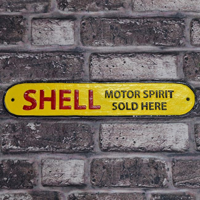 "Shell Motor Spirit" Cast Aluminium Wall Sign in Situ on a Brick Wall "Shell Motor Spirit" Cast Aluminium Wall Sign in Situ on a Brick Wall