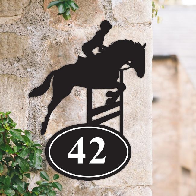 Bespoke Showjumping Horse Iron House Number Sign in Situ Bespoke Showjumping Horse Iron House Number Sign in Situ