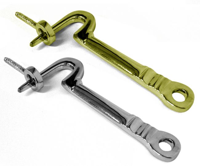 Brass 3 inch shutter hooks in polished brass and bright chrome Brass 3 inch shutter hooks in polished brass and bright chrome