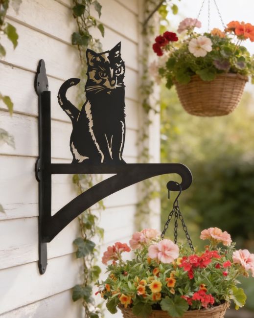 Digital illustration of the Sitting Cat Hanging Basket Bracket Mounted on a Shed