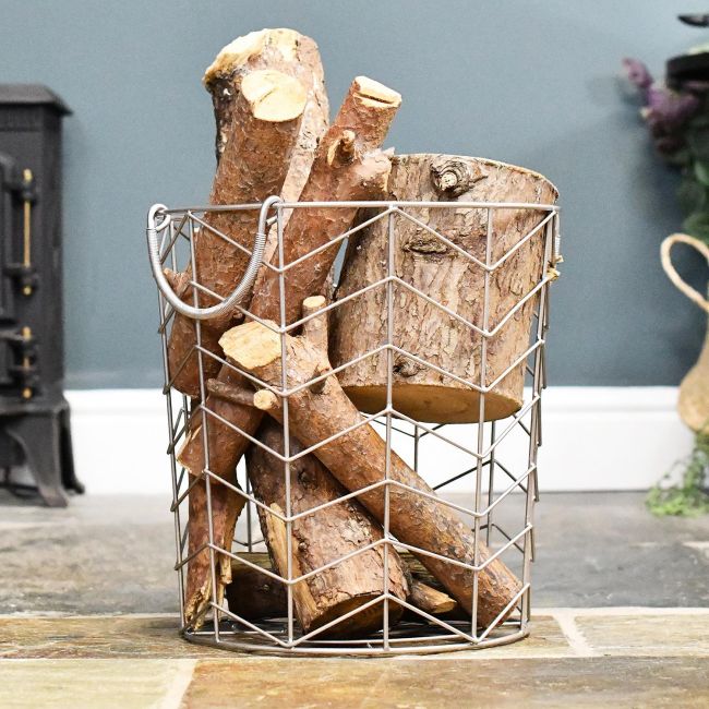 Small Pewter Finish Wire Work Log Basket Small Pewter Finish Wire Work Log Basket