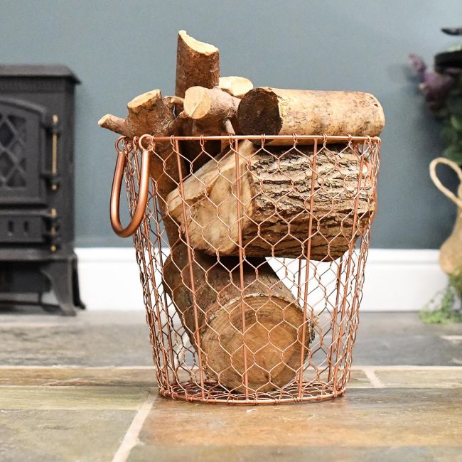 Rose Gold Wire Log Basket in Situ Rose Gold Wire Log Basket in Situ