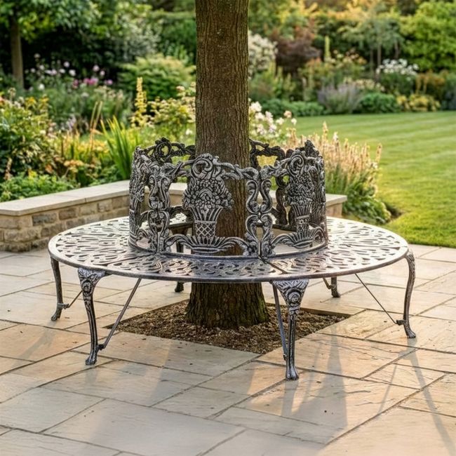 Digital illustration of Solid Antique Silver "Royale" Aluminium Full Tree Guard & Bench with tree in centre Digital illustration of Solid Antique Silver "Royale" Aluminium Full Tree Guard & Bench with tree in centre