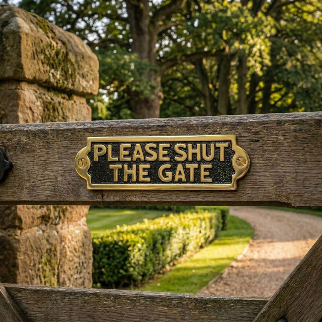 Solid Brass Please Shut the Gate Plaque Sign Digital Illustration