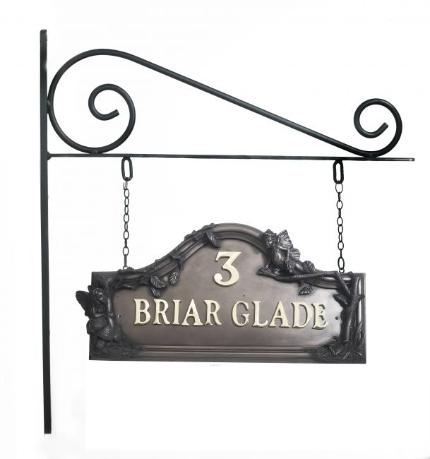 Double sided Bronze Flower Fairy House name sign on hanging bracket