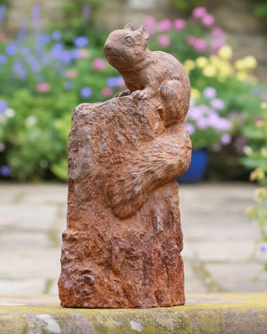 Rustic Cast Iron Squirrel on Log Sculpture
