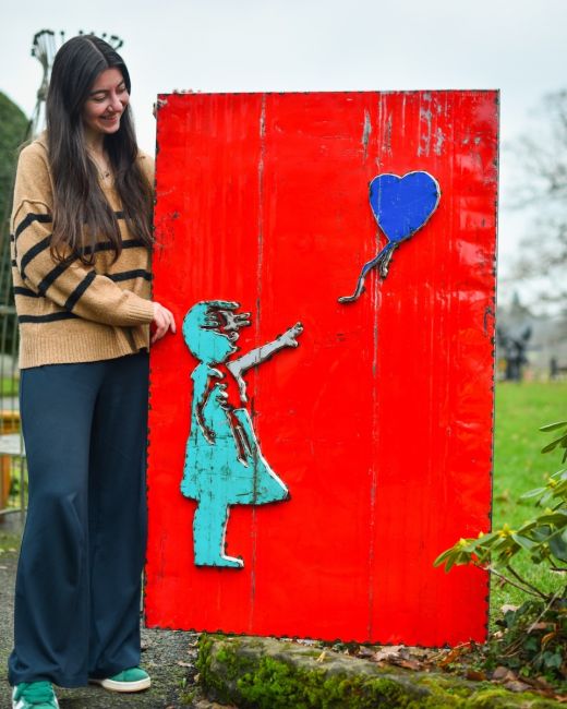 Street Art Letting Go of Balloon Oil Drum Scrap Metal Wall Art Street Art Letting Go of Balloon Oil Drum Scrap Metal Wall Art