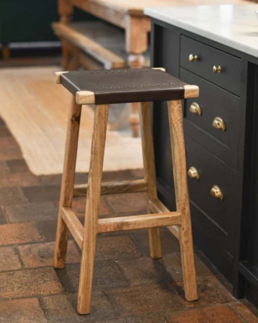 Rustic Leather And Mango Wood Breakfast Stool - thumbnail
