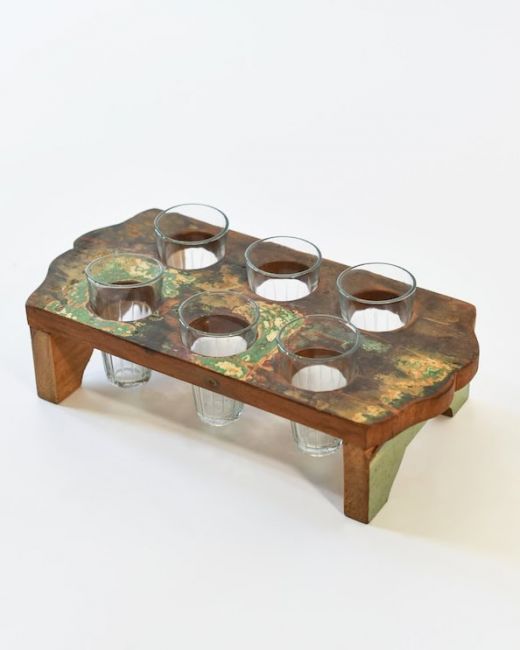 Reclaimed Wood Tea Tray with 6 Glasses