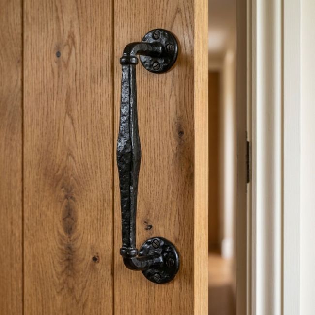The Black Antique Cranked Pull Handle - 240mm Rustic Sliding Barn Door Grab on a White Background