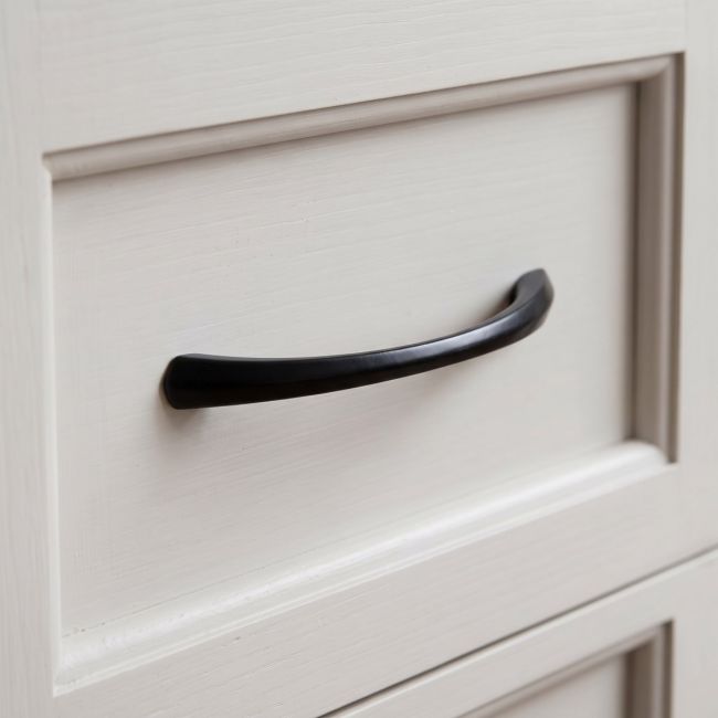 The 5" Curved Shell Pull Handle in Black Shown Upright on a White Background