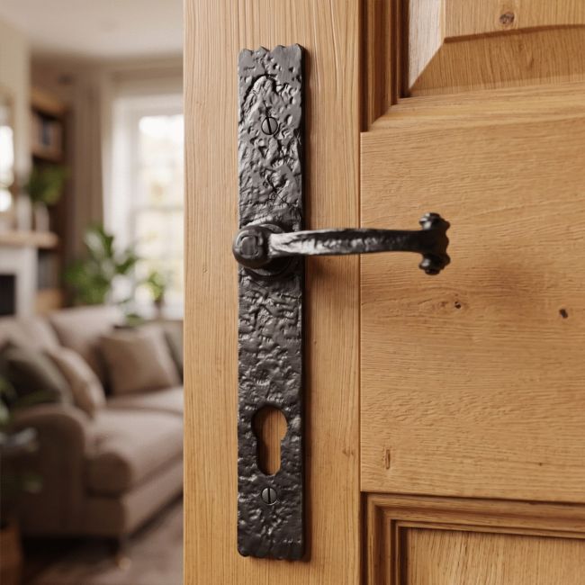 The Apslen Hall Black Cast Iron Lever Handle Shown on a Natural Timber Door - Digital Illustration