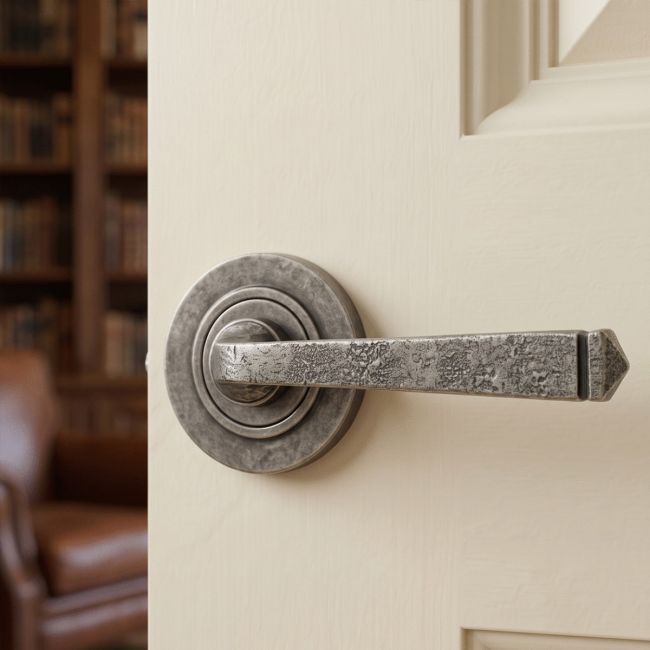 Aged Pewter Unsprung Lever Door Handle on Rose Front