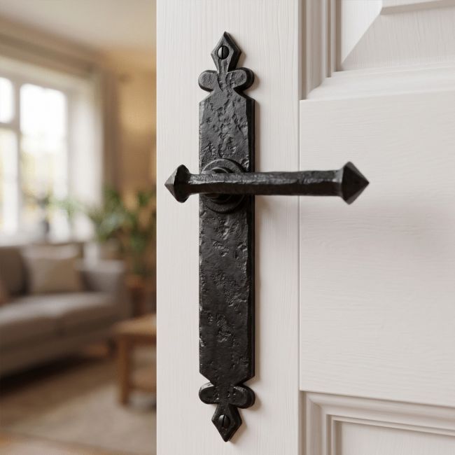 The Azzaro Un-sprung Medieval Cast Iron Lever Door Handle Pair Shown Mounted on a White Door in a Country Cottage - Digital Illustration