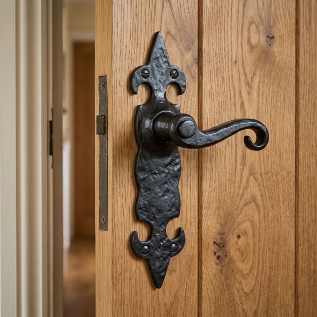The Black Antique Fleur-de-Lis Door Handles - Large 210mm Scroll Lever Latch Pair on a White Background 