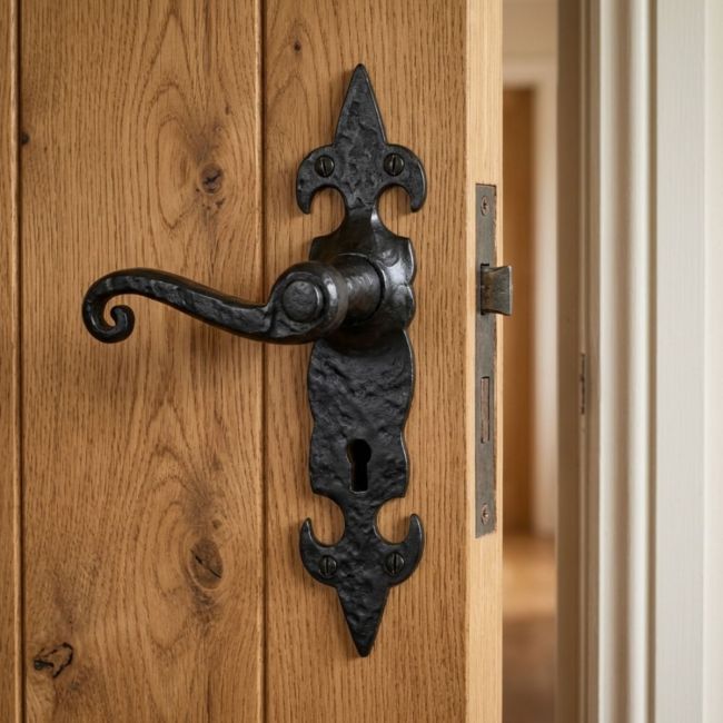 The Black Antique Fleur-de-Lis Lock Handles - Large 210mm Keyhole Lever Pair on a White Background 