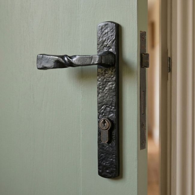 The Black Antique Narrow Slim Backplate Euro Handles - Forged Barley Twist Lever Pair on a White Background
